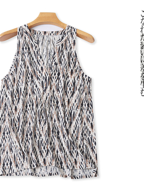 莫代尔棉无袖T恤 夏季新外贸女装V领两粒扣无袖复古印花上衣30654