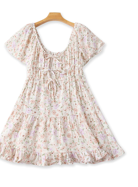 棉纱印花连衣裙 夏新外贸女时尚法式领系带短袖高腰荷叶边裙32334