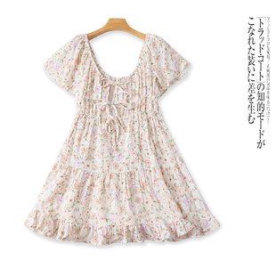 领系带短袖 法式 高腰荷叶边裙32334 夏新外贸女时尚 棉纱印花连衣裙