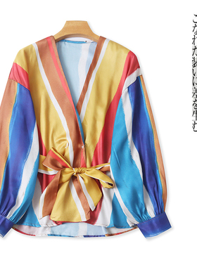 仿真丝拼色衬衫  春秋新款外贸女装V领双排扣系带腰长袖衬衫30606