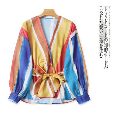 仿真丝拼色衬衫V领双排扣长袖