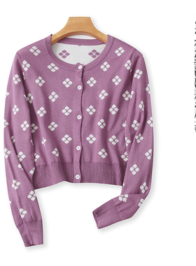 短款针织开衫  秋季新款女装时尚V领单排扣长袖提花薄款毛衣26310