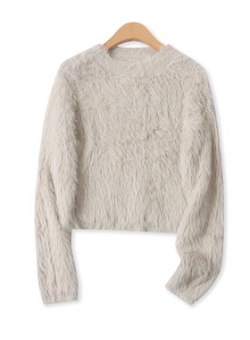 仿水貂绒毛衣  秋季新款女装时尚减龄圆领套头长袖短款毛衣30850