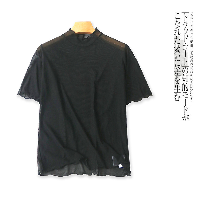 日单短袖透视蕾丝面膜衫 夏新款外贸女装半高领套头内搭外穿28621