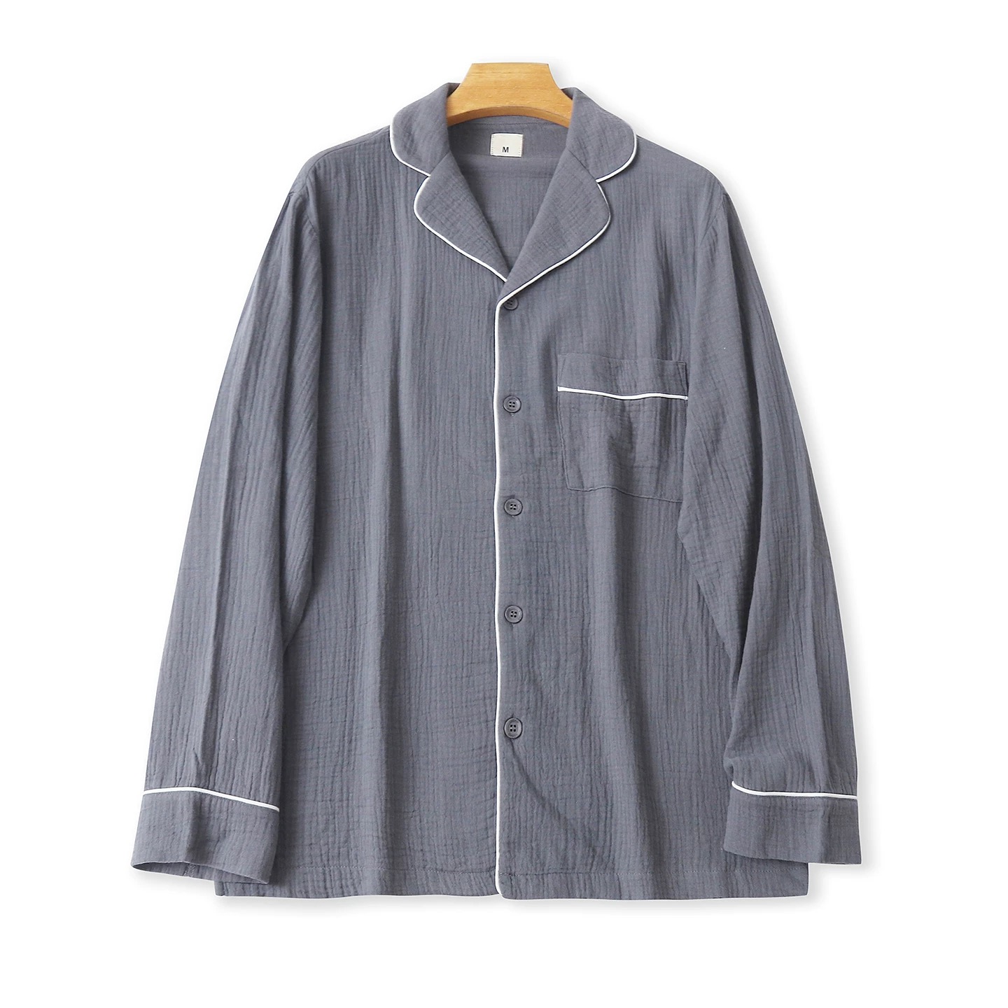 双层棉纱家居服 男女同款 夏秋新简约小翻领单排扣长袖嵌线320301