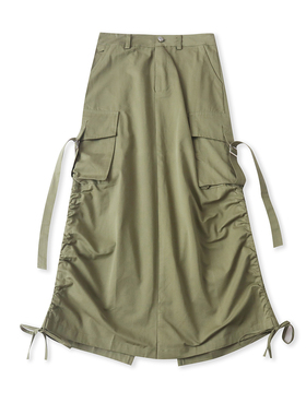 棉质工装半身裙 春夏新款女自然腰拉链纽扣多口袋开叉中长裙33031