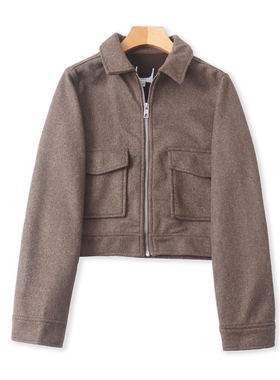 毛呢夹克外套 春秋新款外贸女装时尚翻领拉链双口袋休闲外套33122