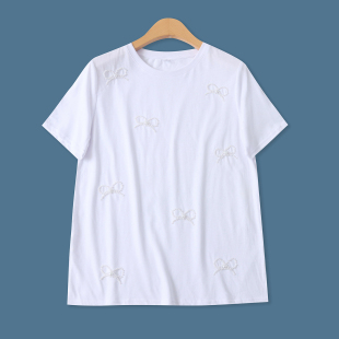 夏季 青春圆领套头短袖 新款 时尚 宽松T恤33606 外贸女装 棉质珍珠T恤