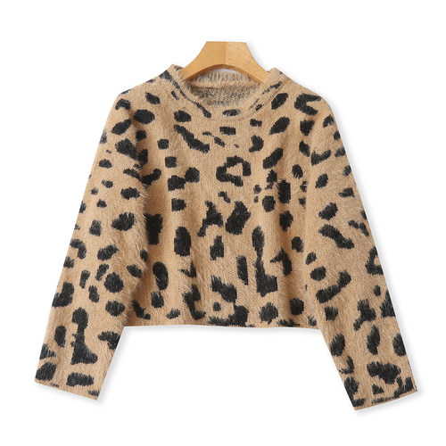 马海毛豹纹提花毛衣  秋冬新款外贸女装半高领套头长袖毛衣32910