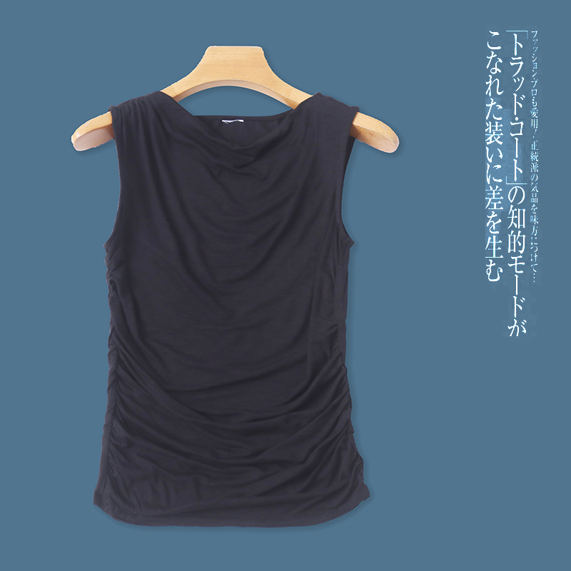 人棉无袖T恤  夏季新款外贸女装简约修身一字领套头褶皱拼接30446