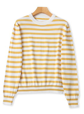 冰丝拼色条纹针织衫 春秋新款外贸女装时尚圆领套头长袖上衣32876