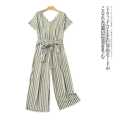 阔腿连体裤  夏新款女装时尚V领短袖系带收腰弹力大码连体衣31317