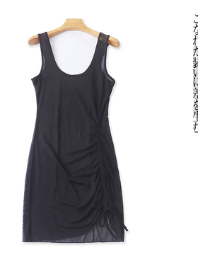 透视蕾丝裙  夏季新外贸女装时尚圆领套头抽褶系带包臀短裙31216