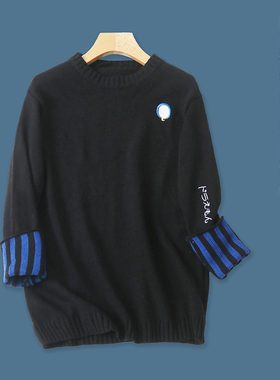 毛衣  秋季新款外贸女装时尚减龄圆领套头长袖刺绣字母撞色26917