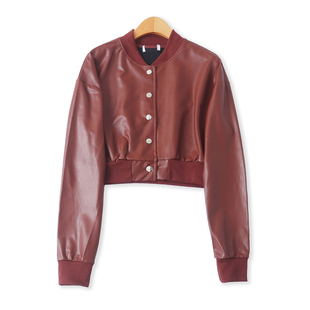 软皮夹克外套 春秋新款外贸女装时尚青春立领单排扣长袖薄款33069