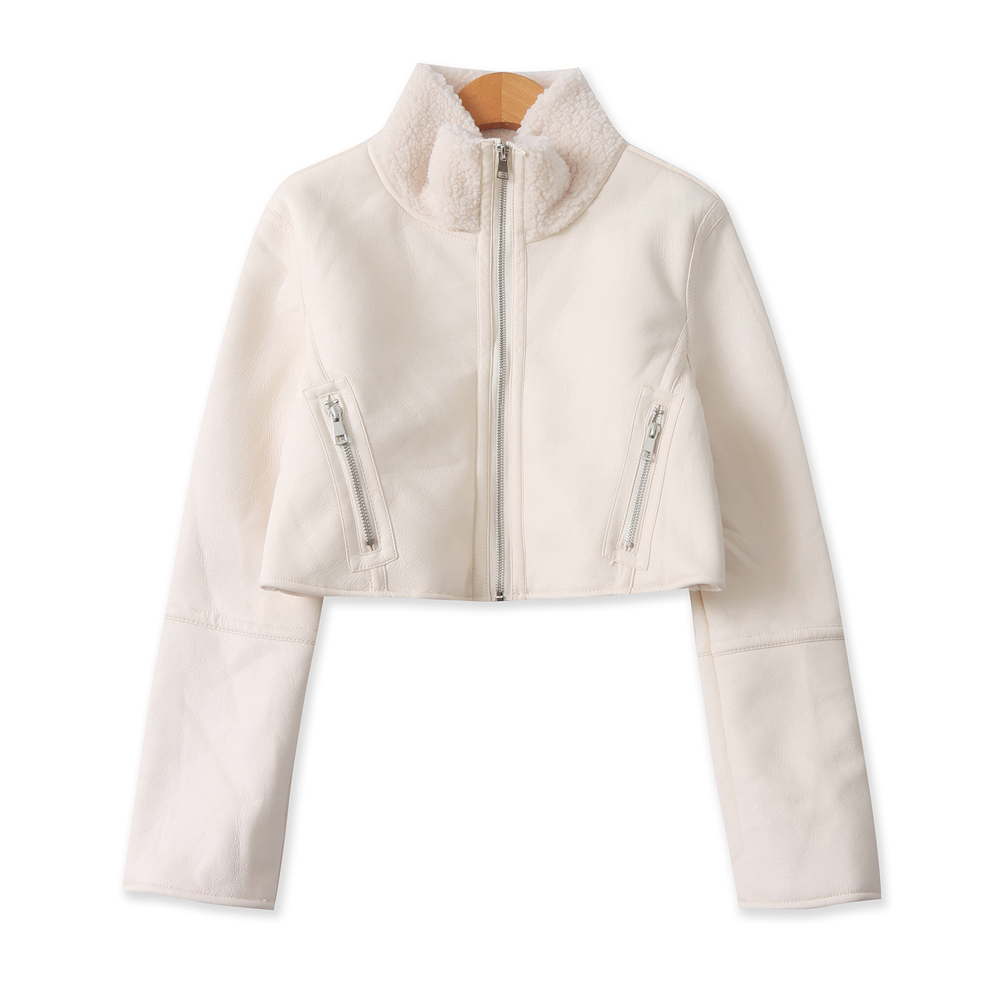 pu皮羊羔毛一体外套 冬季新款外贸女装时尚立领拉链长袖短款33104