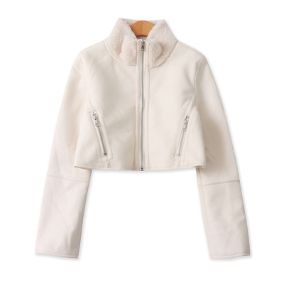 pu皮羊羔毛一体外套 冬季新款外贸女装时尚立领拉链长袖短款33104