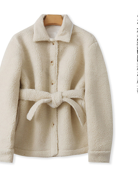 羊羔绒外套  冬季新款女装翻领单排扣长袖腰带配饰加厚外套26644