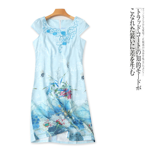 中式改良款旗袍 夏新女装套头短袖包臀短裙刺绣亮片印花礼服29318