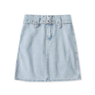 女装 新款 自然腰拉链纽扣腰带包臀短裙33386 夏季 水洗棉牛仔半身裙