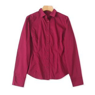 棉混纺衬衫  春秋新款外贸女装时尚修身翻领单排扣长袖衬衫33270