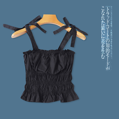 吊带小衫 夏新款外贸女装时尚修身青春系带露背松紧褶皱上衣31444