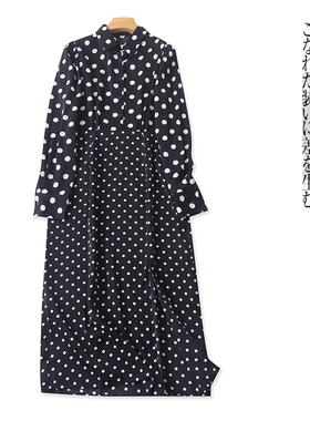 波点衬衫裙  春夏新款外贸女装翻领纽扣套头长袖开叉中长裙30818
