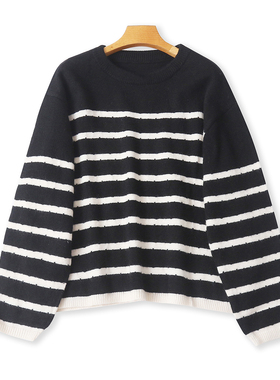 拼色条纹毛衣 秋冬新款外贸女韩版宽松圆领套头长袖软糯毛衣32698