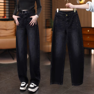 小个子弯刀牛仔裤女秋冬季加绒加厚2025新款爆款黑色窄版直筒裤子