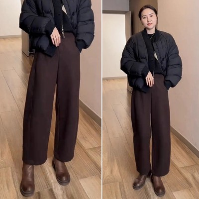加绒加厚毛呢弯刀裤女秋冬季