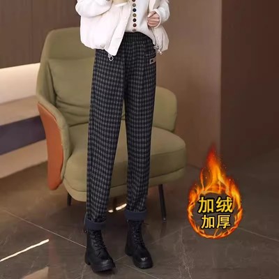 加绒加厚格子哈伦裤女秋冬季