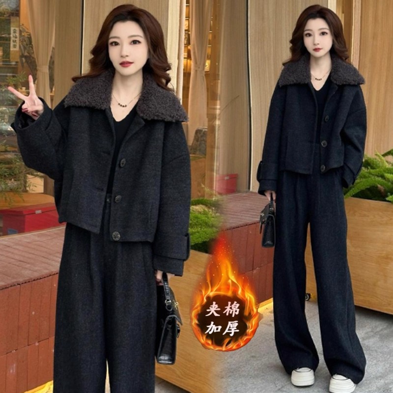 2025冬装搭配一整套装女小个子加厚夹棉外套阔腿裤超火减龄两件套 - 封面