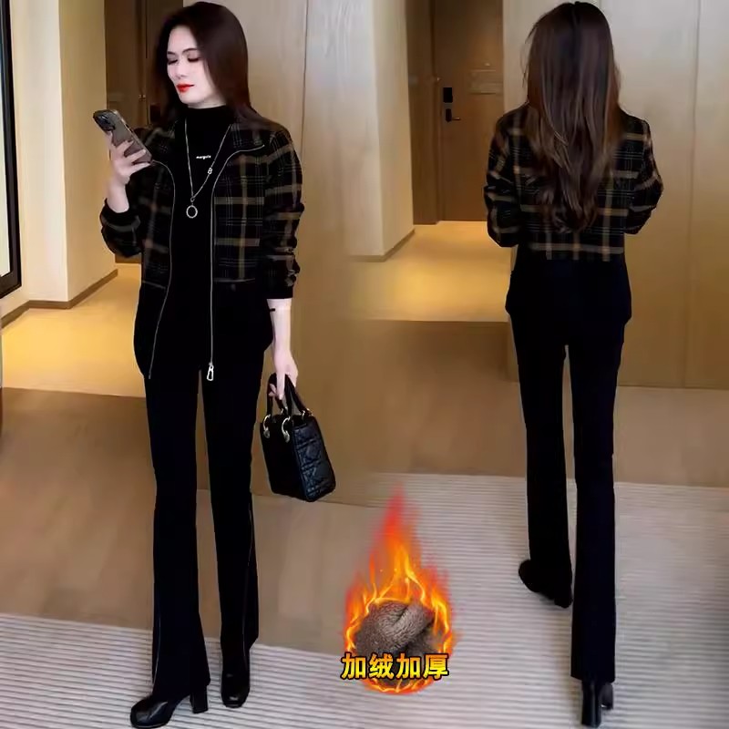 格子短外套女加绒加厚秋冬