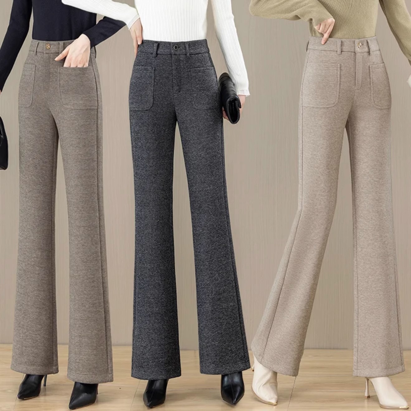 高腰毛呢微喇裤女秋冬季加绒