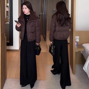 2025新款羽绒棉服女冬季加厚保暖咖色羊羔毛拼接翻领宽松棉袄外套