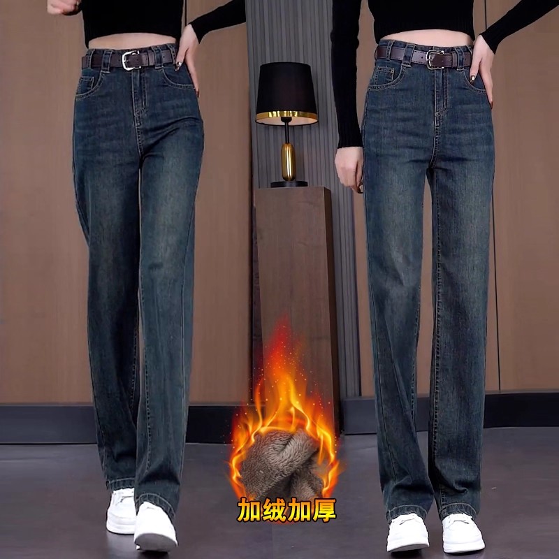 加绒直筒牛仔裤女士秋冬季