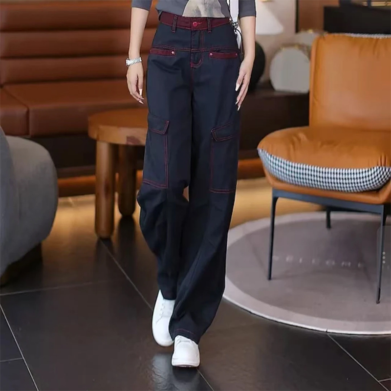 撞色工装阔腿裤女春秋季