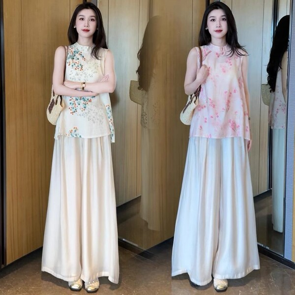 时尚 气质碎花无袖 女夏季 上衣阔腿裤 显瘦两件套 2025新款 高级感套装