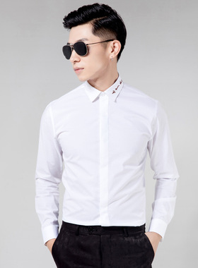 秋季新款男装刺绣长袖衬衣百搭白色修身商务男装男装衬衣