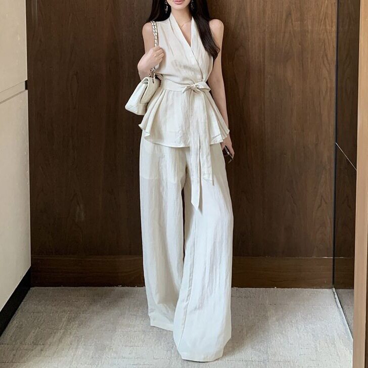 纯欲风高级感绑带收腰上衣宽松阔腿休闲裤2026夏季新款时尚套装女