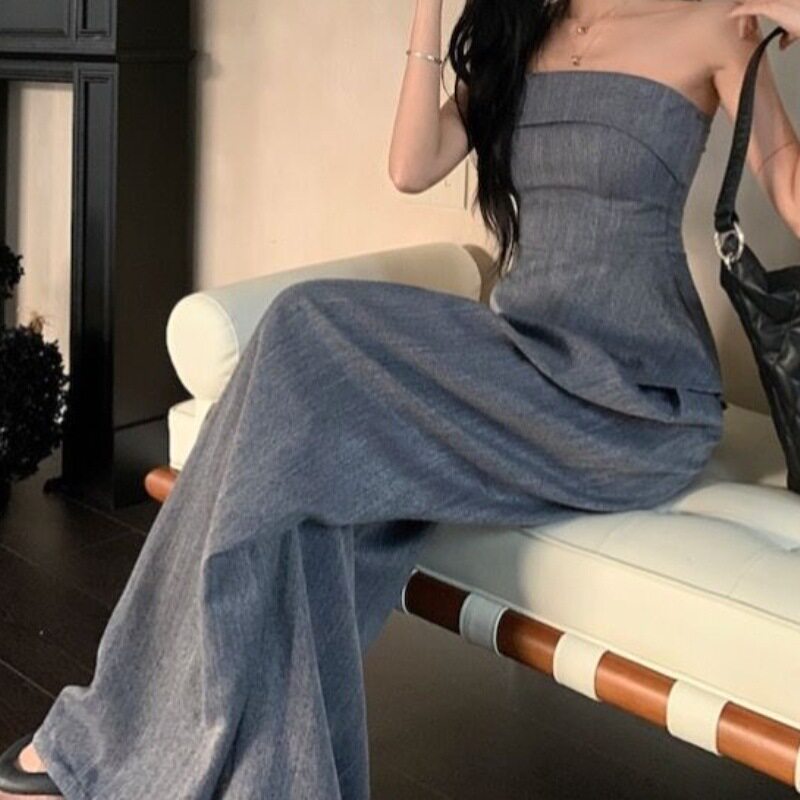 辣妹修身无袖抹胸背心上衣时尚套装女夏季灰色休闲阔腿裤子两件套