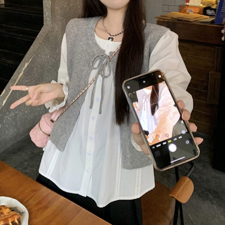 时尚套装女装春季韩系叠穿针织马甲背心别致白色泡泡袖衬衫两件套