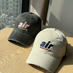 韩系复古air棒球帽宽帽檐男女童同款帽子字母刺绣休闲软顶鸭舌帽