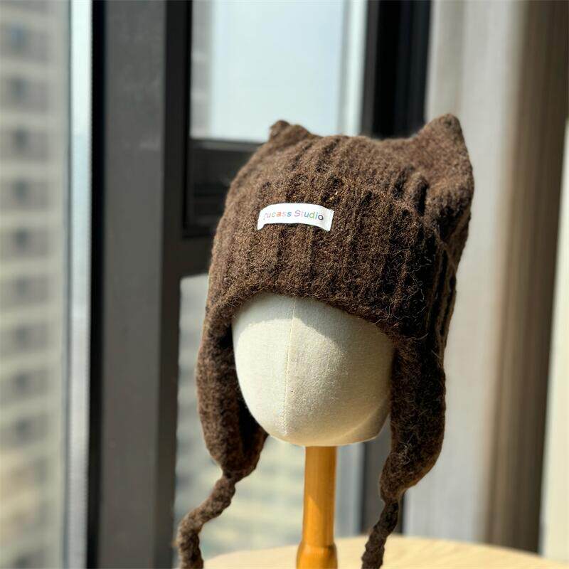 猫耳朵帽子女秋冬季毛线帽大头围