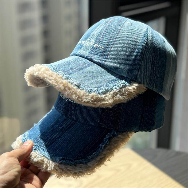 简约牛仔毛边加绒棒球帽子女百搭