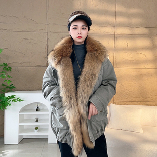 秋冬加厚真皮貉子毛领白鹅绒羽绒服中长款宽松微胖女皮草鹅绒外套