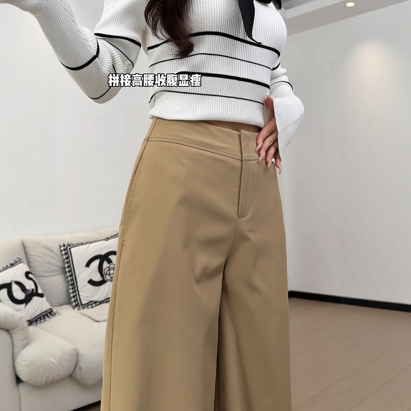 卡其色阔腿裤子女春季2026新款垂坠感老钱风小个子窄版直筒西装