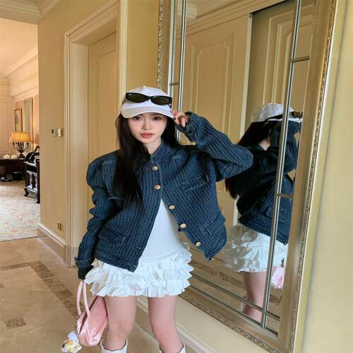 牛仔小香风立领蓝色夹克女秋装