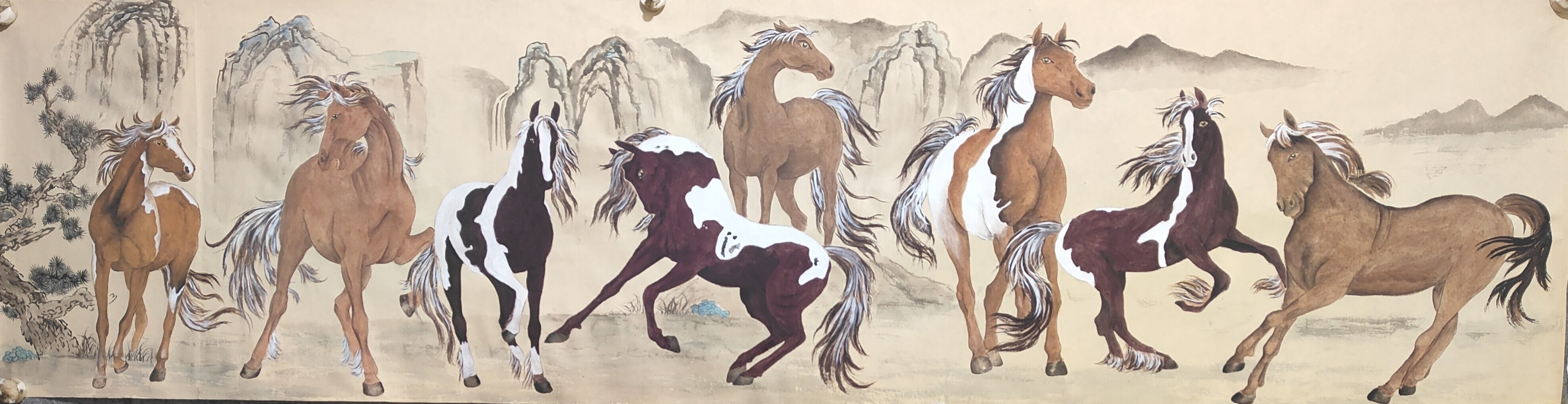 国画花鸟画手绘八马八骏图客厅装饰送礼壁画六尺对开46*175可定制