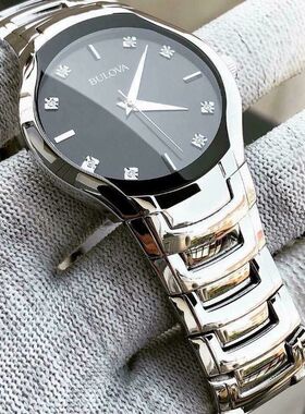 正品BULOVA宝路华手表男钢带简约无边框黑色镶钻石英男表 96D117